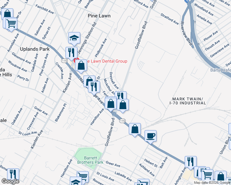 map of restaurants, bars, coffee shops, grocery stores, and more near 5824 McArthur Avenue in St. Louis