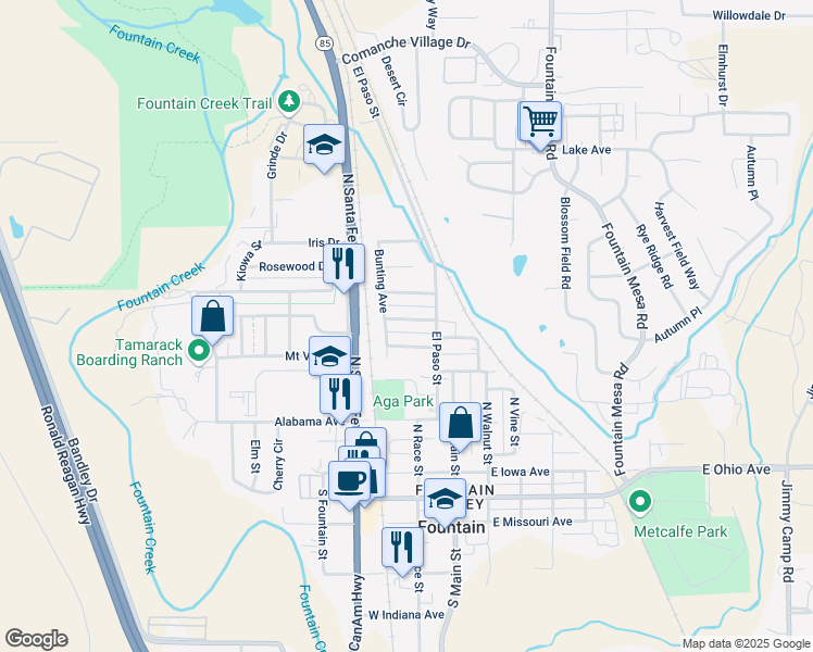 map of restaurants, bars, coffee shops, grocery stores, and more near 225 Lark Street in Fountain