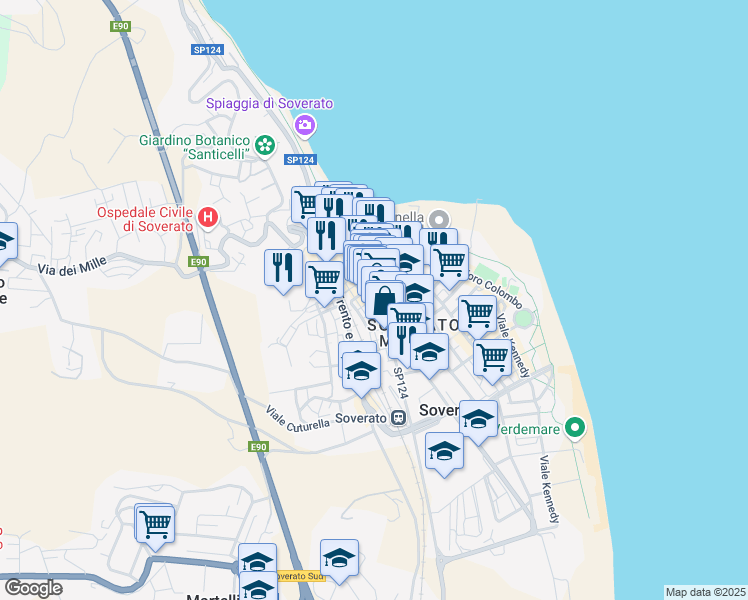 map of restaurants, bars, coffee shops, grocery stores, and more near 22 Via G. Bruno in Soverato