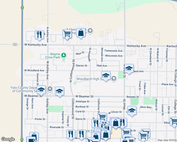 map of restaurants, bars, coffee shops, grocery stores, and more near 126 West Woodland Avenue in Woodland