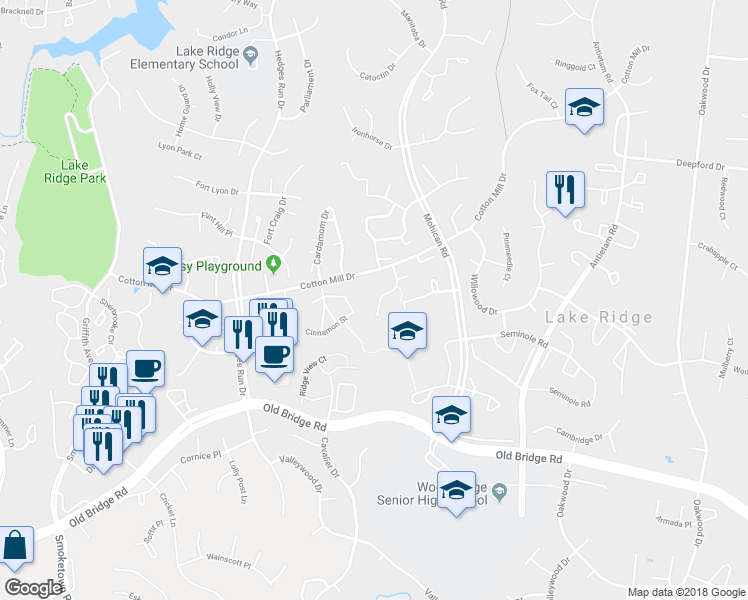 map of restaurants, bars, coffee shops, grocery stores, and more near 12234 Princeton Street in Woodbridge