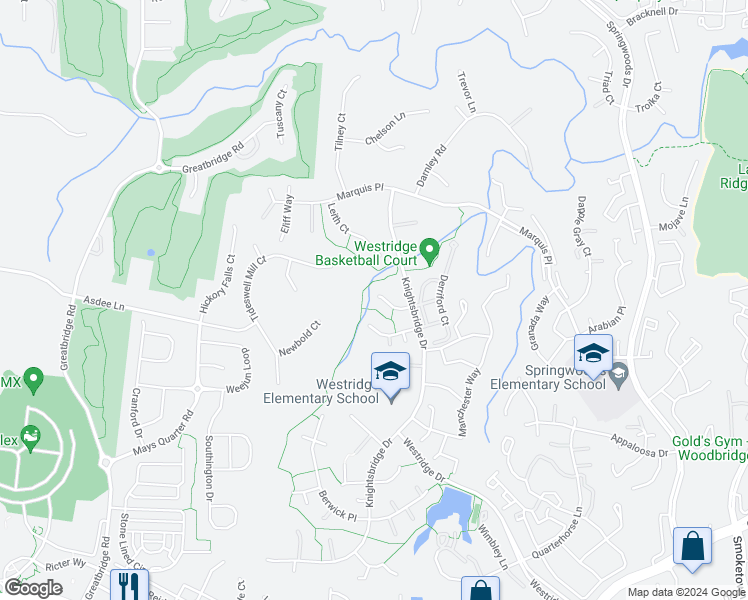 map of restaurants, bars, coffee shops, grocery stores, and more near 4313 Orkney Court in Woodbridge