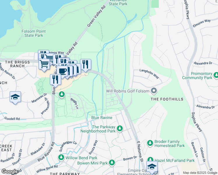 map of restaurants, bars, coffee shops, grocery stores, and more near 204 Matisse Lane in Folsom