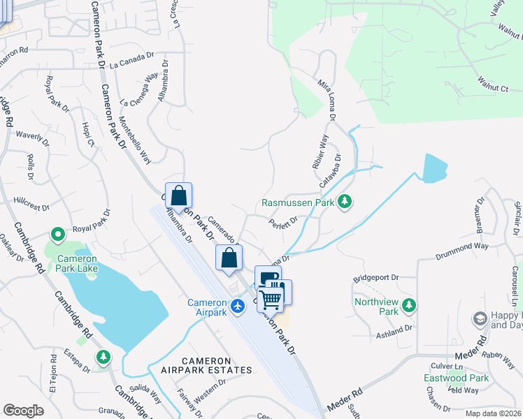 map of restaurants, bars, coffee shops, grocery stores, and more near 3120 Perlett Drive in Cameron Park