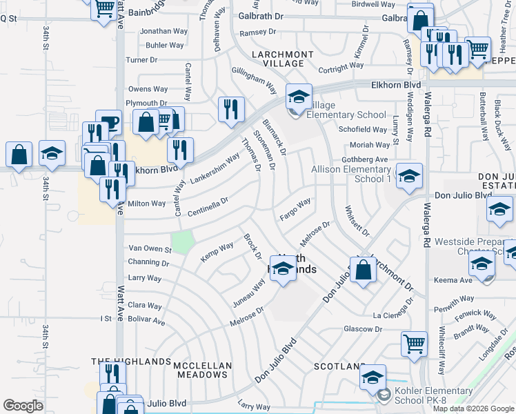 map of restaurants, bars, coffee shops, grocery stores, and more near 6628 Thomas Drive in North Highlands