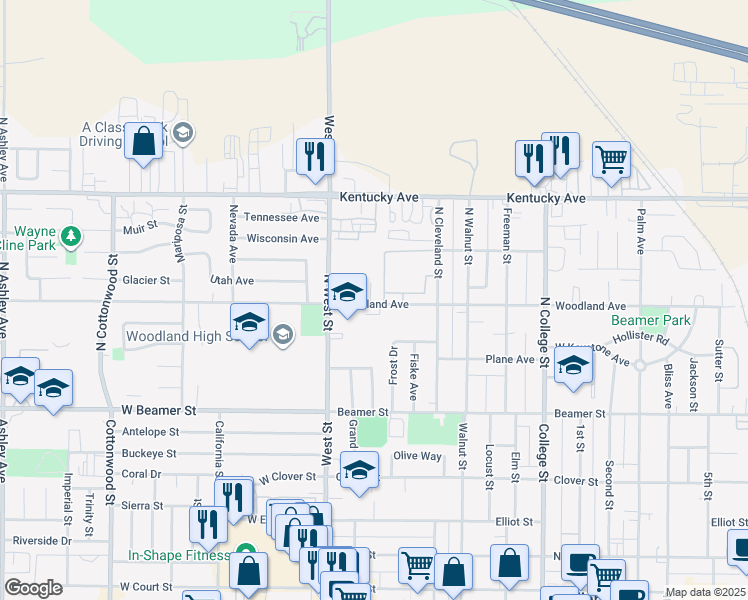 map of restaurants, bars, coffee shops, grocery stores, and more near 2b Alder Court in Woodland