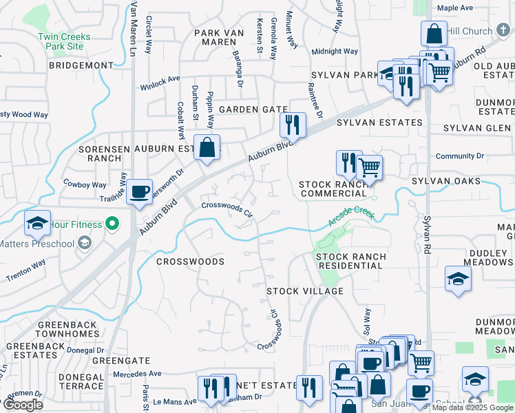 map of restaurants, bars, coffee shops, grocery stores, and more near 6748 Bertran Court in Citrus Heights
