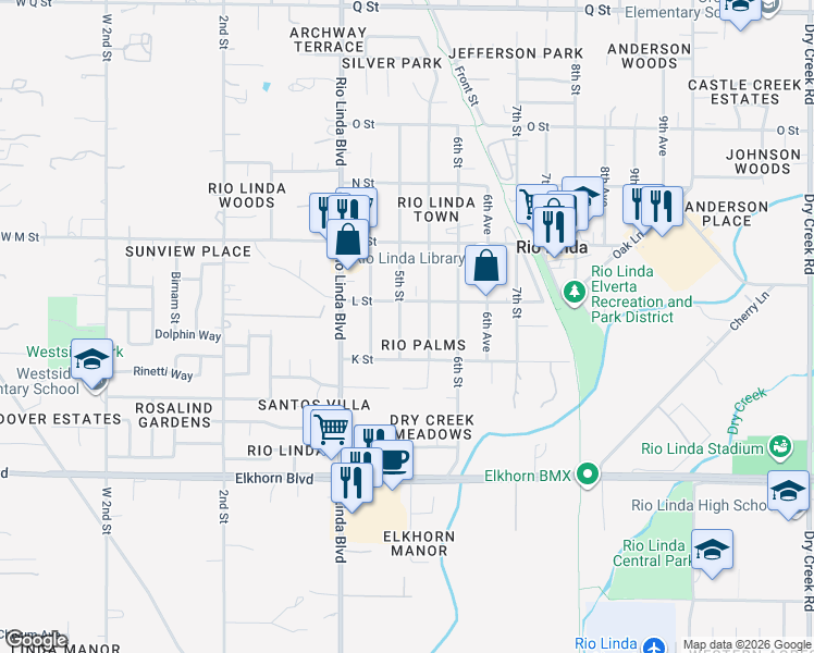 map of restaurants, bars, coffee shops, grocery stores, and more near 6611 5th Street in Rio Linda