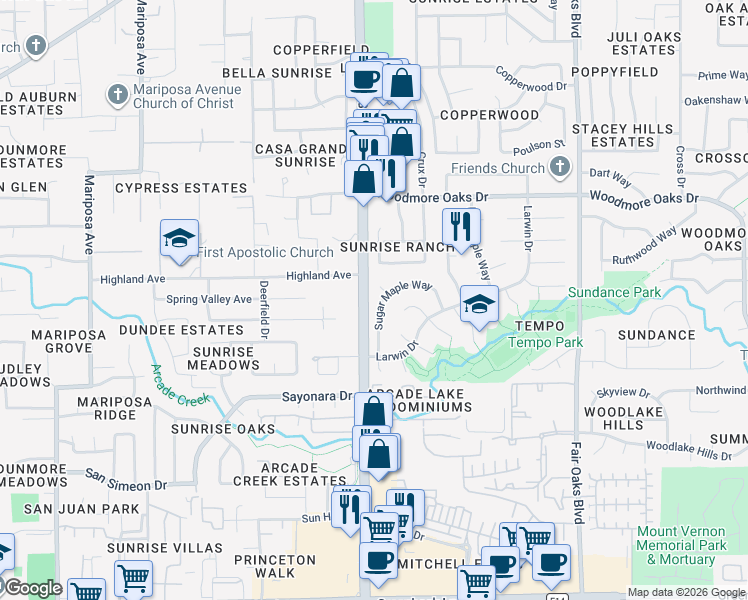 map of restaurants, bars, coffee shops, grocery stores, and more near 6728 Sugar Maple Way in Citrus Heights