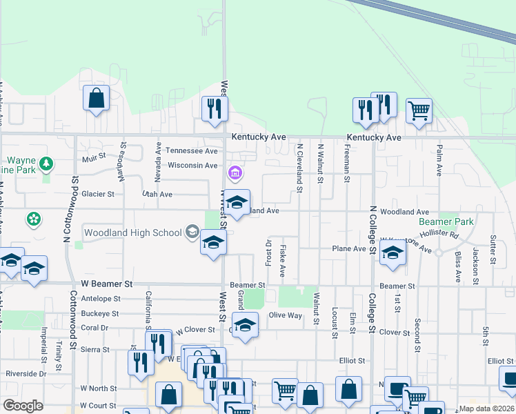 map of restaurants, bars, coffee shops, grocery stores, and more near 2 Alder Court in Woodland