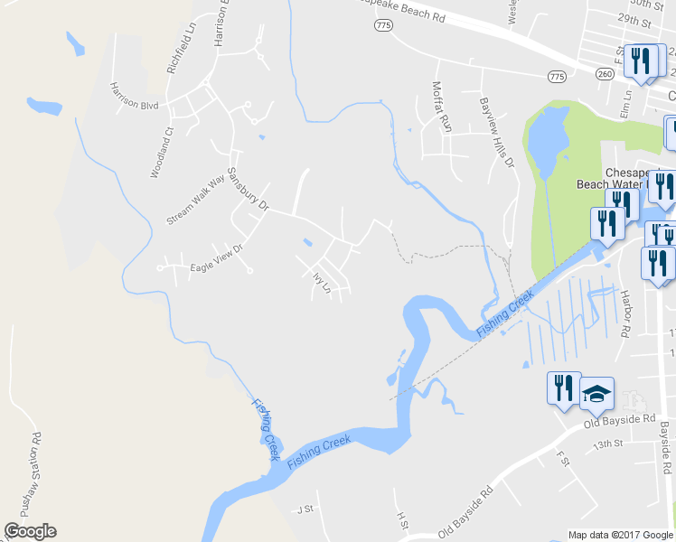 map of restaurants, bars, coffee shops, grocery stores, and more near 8005 Forest Ridge Terrace in Chesapeake Beach