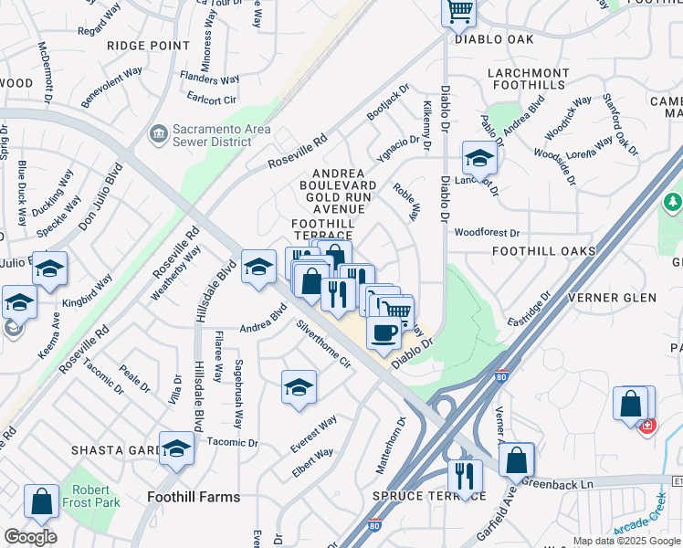 map of restaurants, bars, coffee shops, grocery stores, and more near 5232 Karm Way in Sacramento