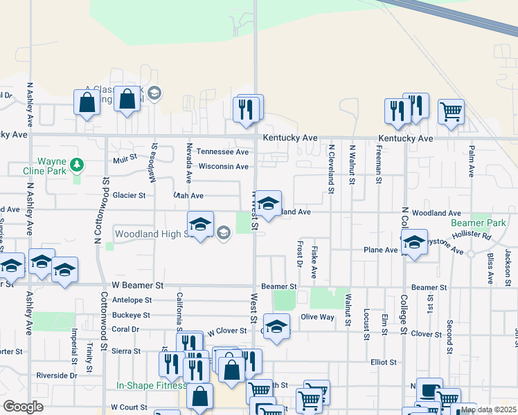 map of restaurants, bars, coffee shops, grocery stores, and more near 177 North West Street in Woodland