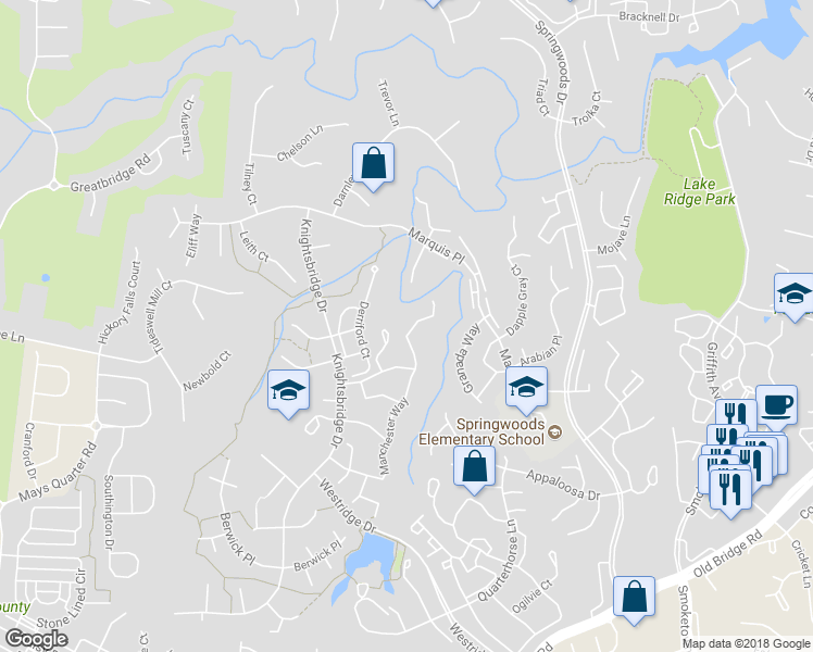 map of restaurants, bars, coffee shops, grocery stores, and more near 12348 Manchester Way in Woodbridge