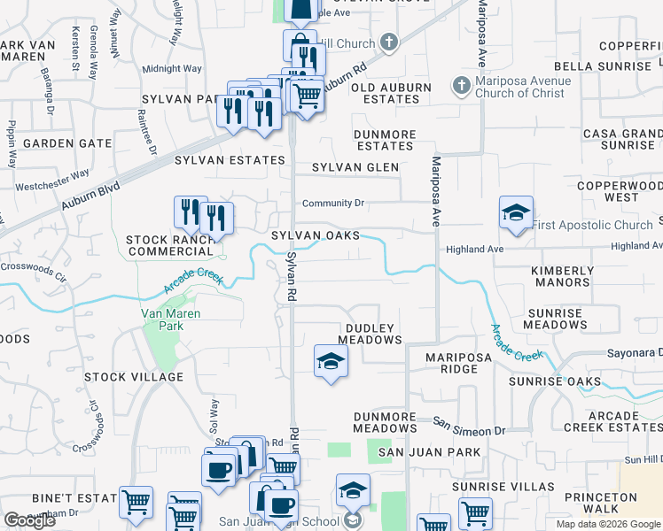 map of restaurants, bars, coffee shops, grocery stores, and more near 7540 Park Drive in Citrus Heights