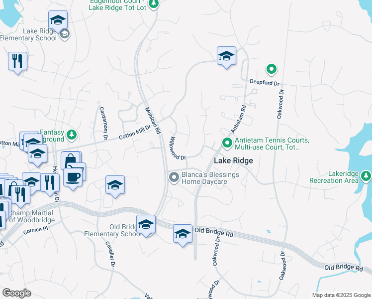 map of restaurants, bars, coffee shops, grocery stores, and more near 12163 Pineneedle Court in Woodbridge
