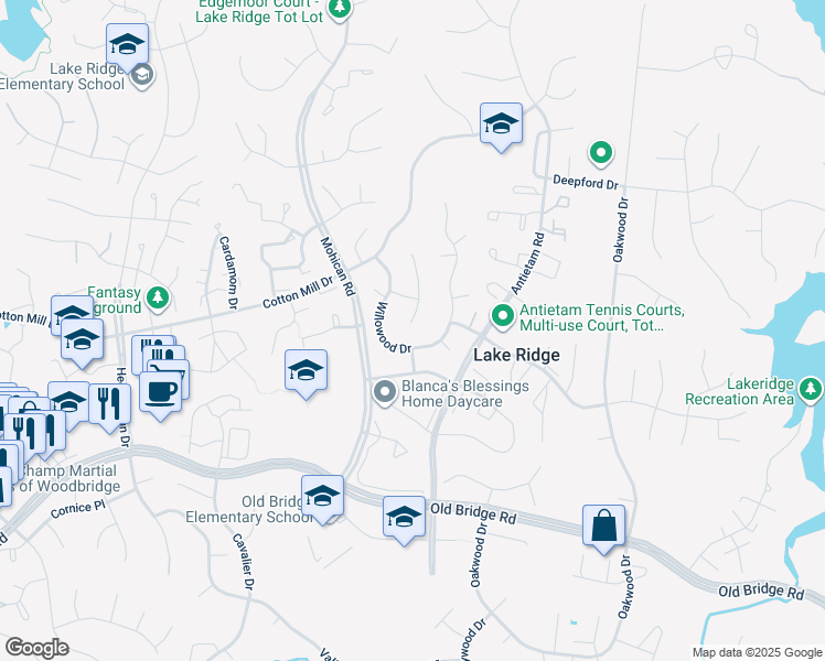 map of restaurants, bars, coffee shops, grocery stores, and more near 12163 Pineneedle Court in Woodbridge