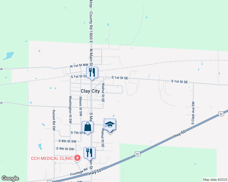 map of restaurants, bars, coffee shops, grocery stores, and more near 223 South 3rd Street Southeast in Clay City