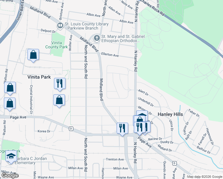 map of restaurants, bars, coffee shops, grocery stores, and more near 8111 Bluemont Way in St. Louis