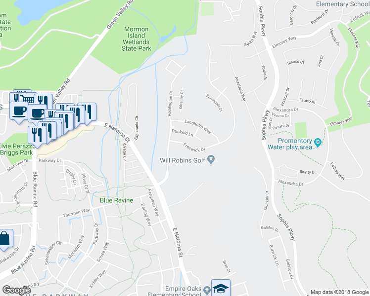 map of restaurants, bars, coffee shops, grocery stores, and more near 1308 Freswick Drive in Folsom