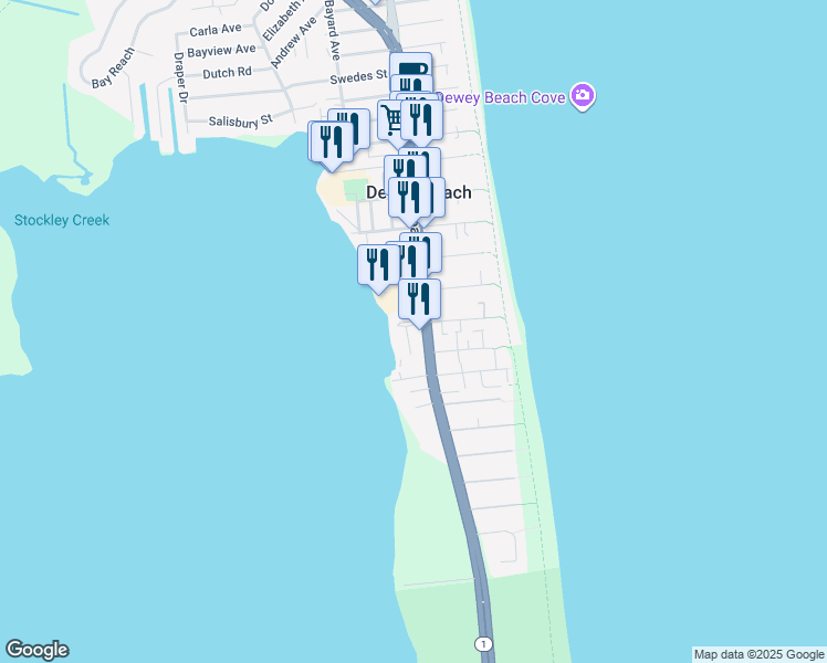 map of restaurants, bars, coffee shops, grocery stores, and more near in Dewey Beach
