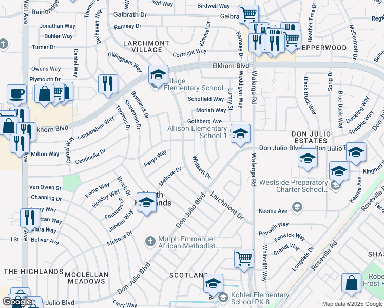 map of restaurants, bars, coffee shops, grocery stores, and more near 6613 Whitsett Drive in North Highlands