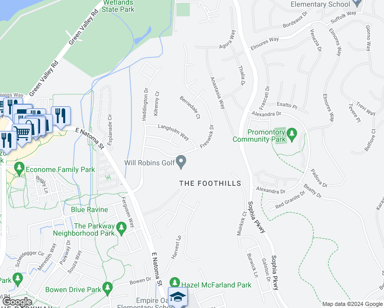 map of restaurants, bars, coffee shops, grocery stores, and more near 1376 Freswick Drive in Folsom