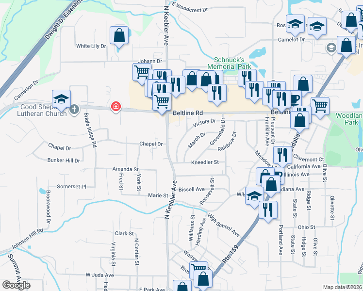 map of restaurants, bars, coffee shops, grocery stores, and more near 840 Victory Drive in Collinsville