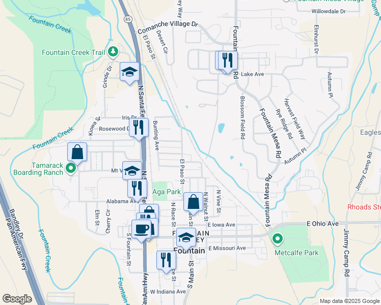 map of restaurants, bars, coffee shops, grocery stores, and more near 128 Wellington Street in Fountain