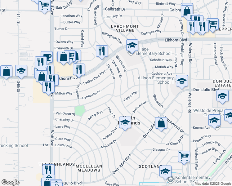 map of restaurants, bars, coffee shops, grocery stores, and more near 3904 Floral Drive in North Highlands