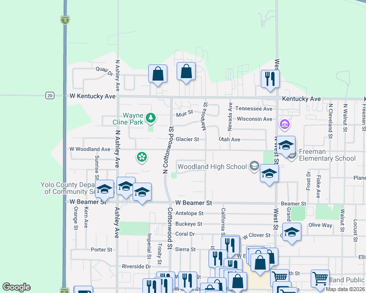 map of restaurants, bars, coffee shops, grocery stores, and more near 168 Stone Way in Woodland