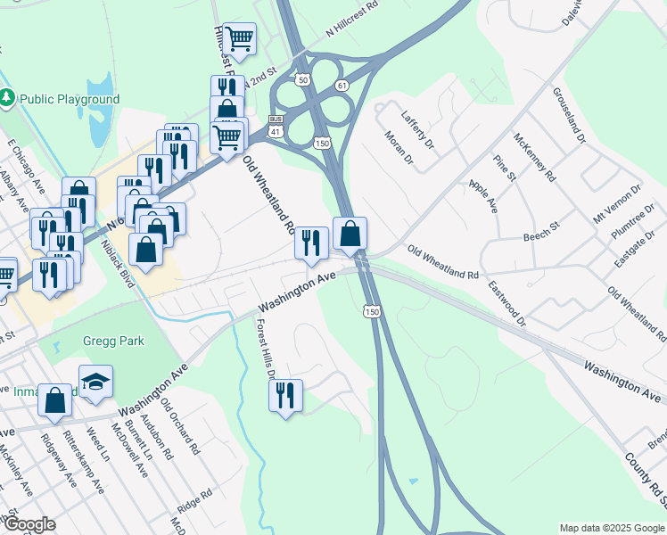 map of restaurants, bars, coffee shops, grocery stores, and more near 3501-3599 Washington Avenue in Vincennes
