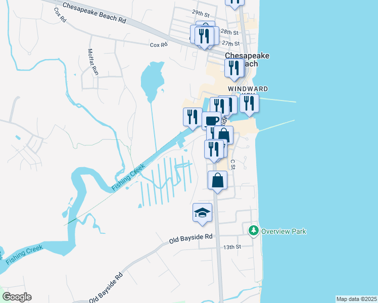 map of restaurants, bars, coffee shops, grocery stores, and more near 3615 Harbor Road in Chesapeake Beach