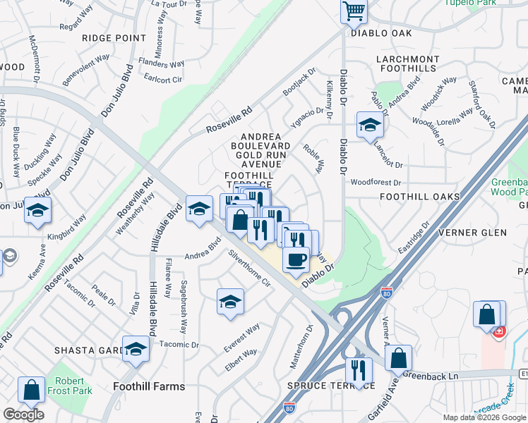 map of restaurants, bars, coffee shops, grocery stores, and more near 5232 Karm Way in Sacramento