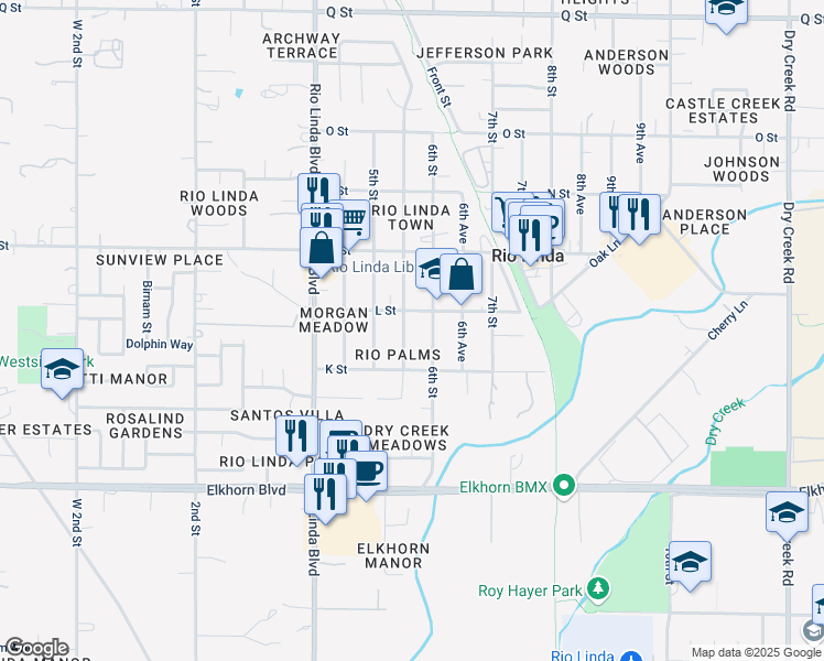 map of restaurants, bars, coffee shops, grocery stores, and more near 6613 5th Avenue in Rio Linda