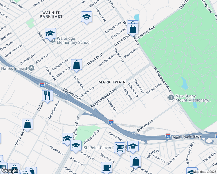 map of restaurants, bars, coffee shops, grocery stores, and more near 5063 North Kingshighway Boulevard in St. Louis