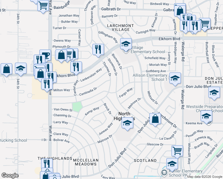 map of restaurants, bars, coffee shops, grocery stores, and more near 3904 Floral Drive in North Highlands