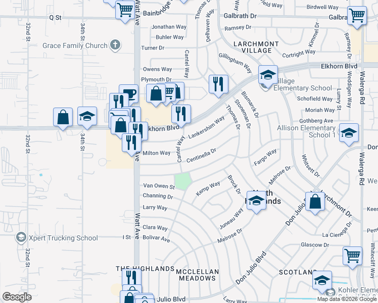 map of restaurants, bars, coffee shops, grocery stores, and more near 3712 Milton Way in North Highlands