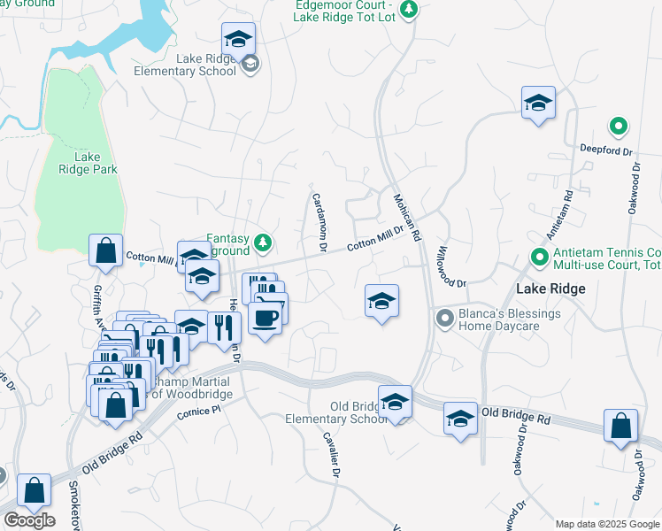 map of restaurants, bars, coffee shops, grocery stores, and more near 12223 Cinnamon Street in Woodbridge