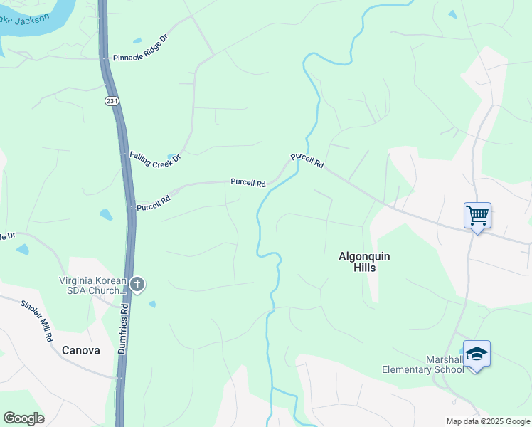 map of restaurants, bars, coffee shops, grocery stores, and more near 7024 Gray Fox Trail in Manassas