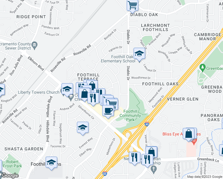 map of restaurants, bars, coffee shops, grocery stores, and more near 6701 Leatherwood Way in Sacramento
