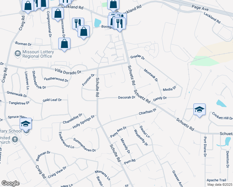map of restaurants, bars, coffee shops, grocery stores, and more near 78 Decorah Drive in Saint Louis