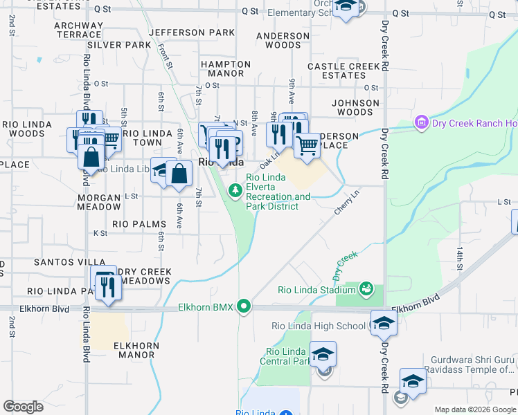 map of restaurants, bars, coffee shops, grocery stores, and more near 24th Street in Rio Linda