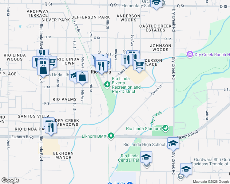 map of restaurants, bars, coffee shops, grocery stores, and more near 804 Oak Lane in Rio Linda