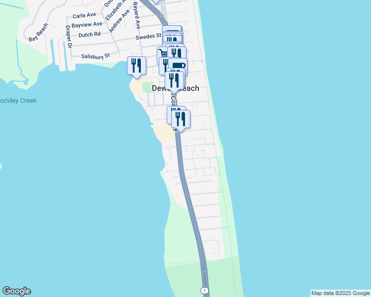 map of restaurants, bars, coffee shops, grocery stores, and more near in Dewey Beach
