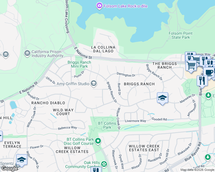 map of restaurants, bars, coffee shops, grocery stores, and more near 126 Briggs Ranch Drive in Folsom