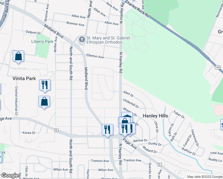 map of restaurants, bars, coffee shops, grocery stores, and more near 1927 Driftway Drive in St. Louis