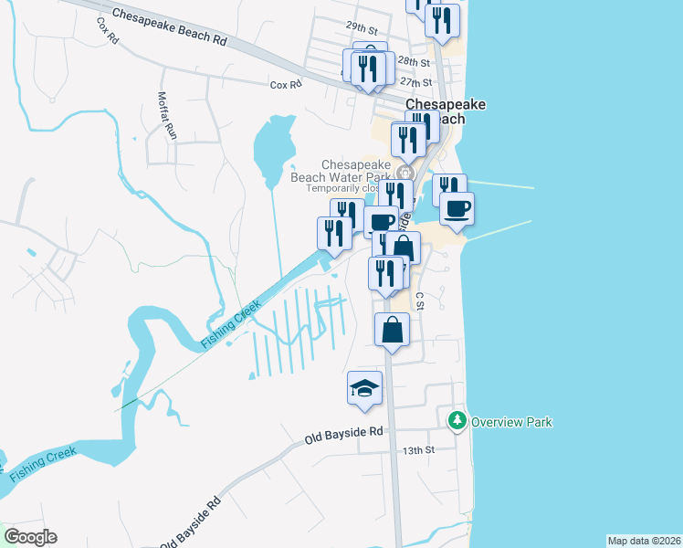 map of restaurants, bars, coffee shops, grocery stores, and more near 3611 Harbor Road in Chesapeake Beach
