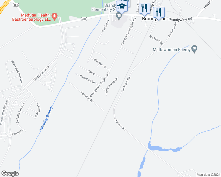 map of restaurants, bars, coffee shops, grocery stores, and more near 14514 Whistlestop Court in Brandywine