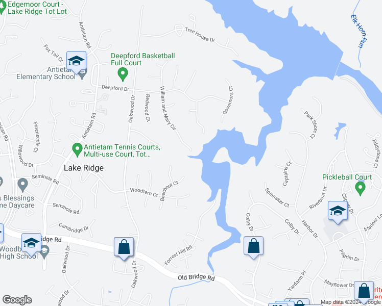 map of restaurants, bars, coffee shops, grocery stores, and more near 12034 William and Mary Circle in Woodbridge